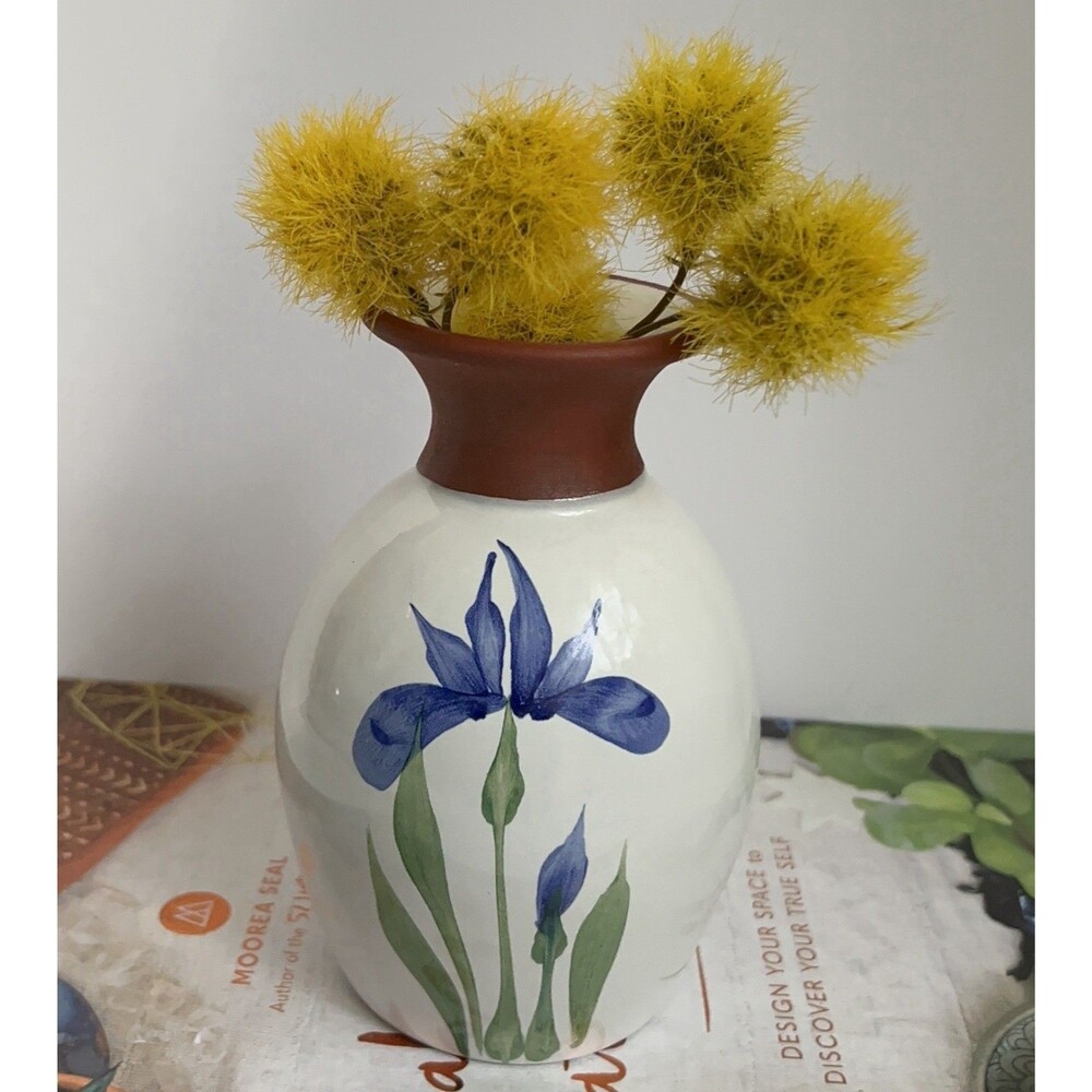 VINTAGE 90s Emerson Creek Blue Iris Stoneware Pottery Bud Vase Terracotta Rim